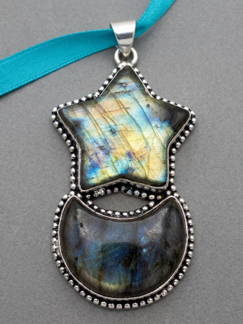 OOAK Labradorite Star & Crescent Moon Pendant Tested Stone 925 Bale